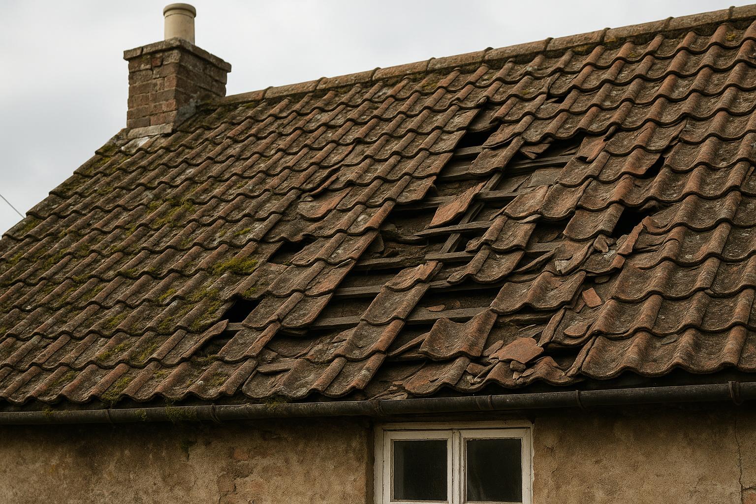 Storm-damaged roof stripped and re-roofed - before